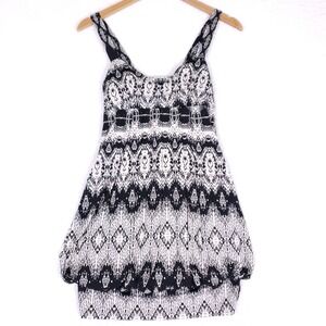XXI Black White Mini Dress Boho Print Sleeveless‎ Bubble Hem Small Y2K Balloon